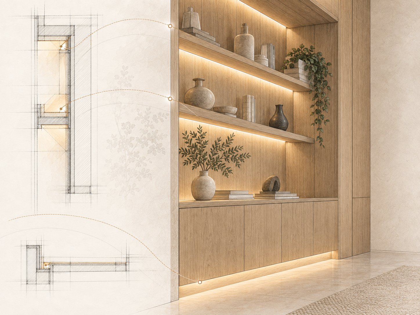 Concealed cove lighting in a joinery wall, shown beside sectional details of the shelf and toe-kick fittings that produce it.