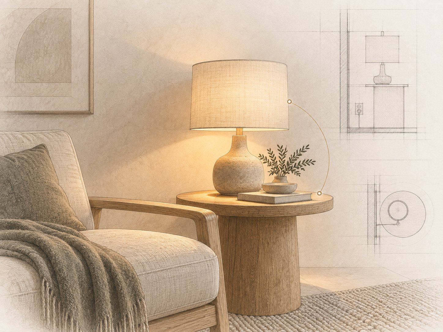 Table lamp lighting a seating corner in the evening, shown with detail sketches of the lamp, its outlet and its dimmer.
