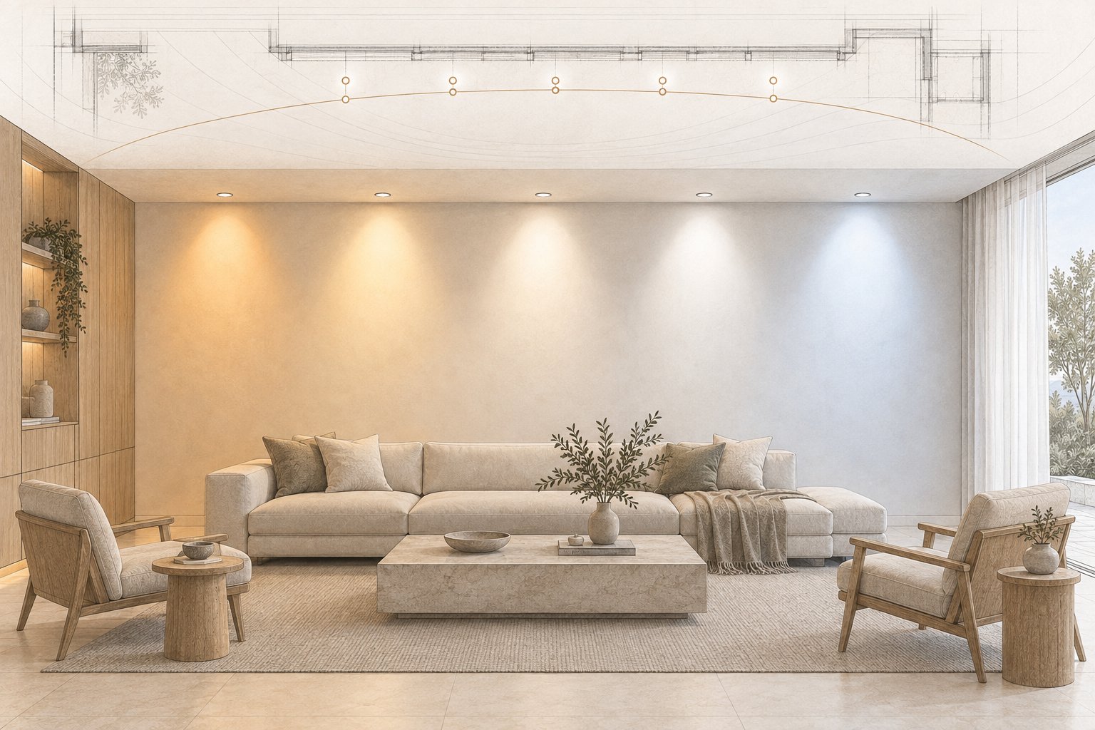 Living room wall lit by a row of five downlights that shift from warm amber at one end to cool white at the other, with a reflected ceiling plan sketched above.