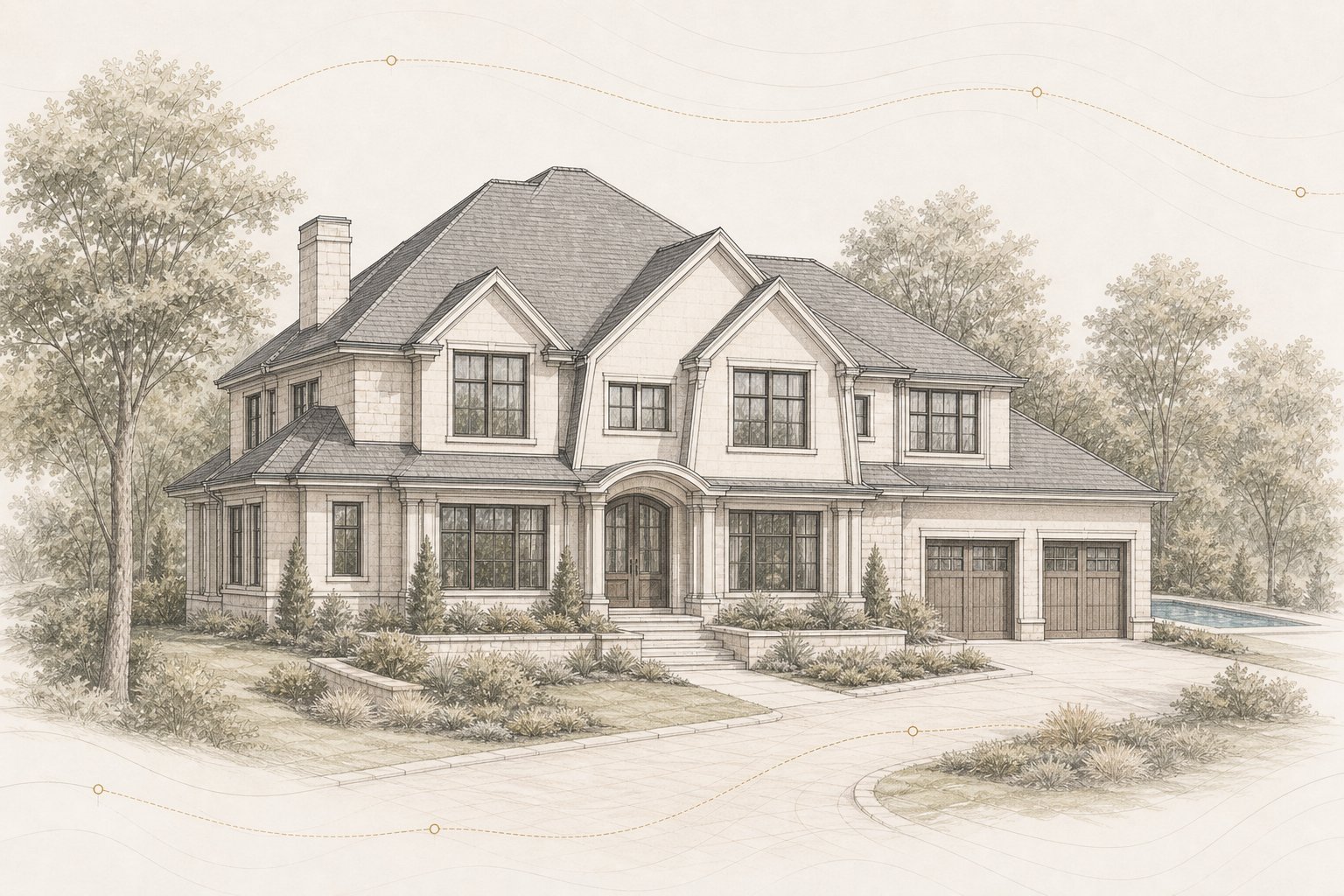 Architectural illustration of a large shingle-style coastal residence with an attached garage wing and pool terrace.