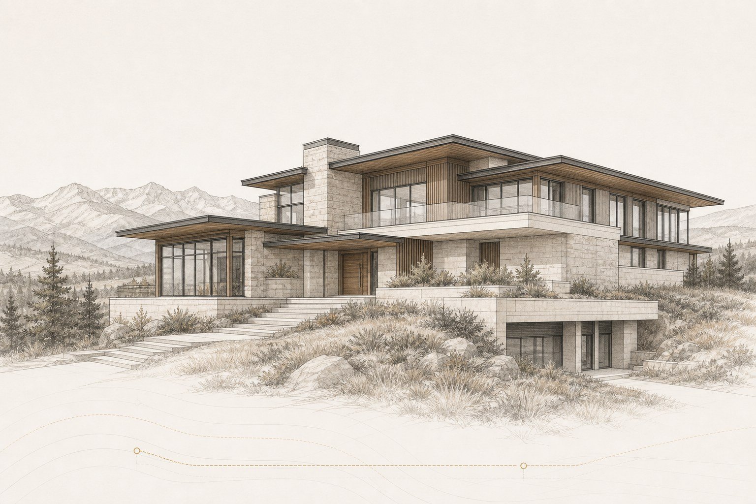 Architectural illustration of a two-level custom residence set in open foothills terrain.