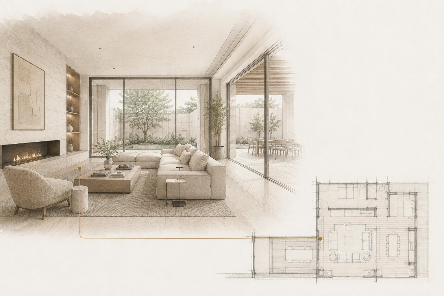 Architectural illustration of a contemporary living room opening to a courtyard, paired with a pencil floor plan of the same house and a fine line tracing the seating area back to its position on the plan.