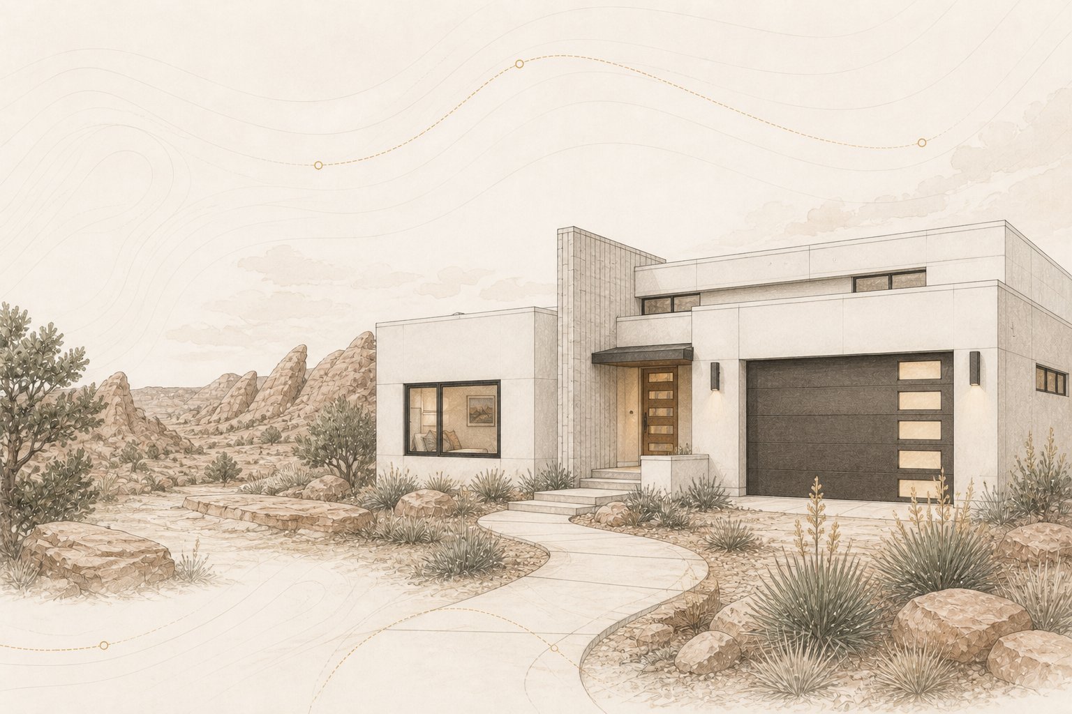 Architectural illustration of a single-level flat-roofed contemporary desert residence on a rocky desert site, seen from the entry approach.