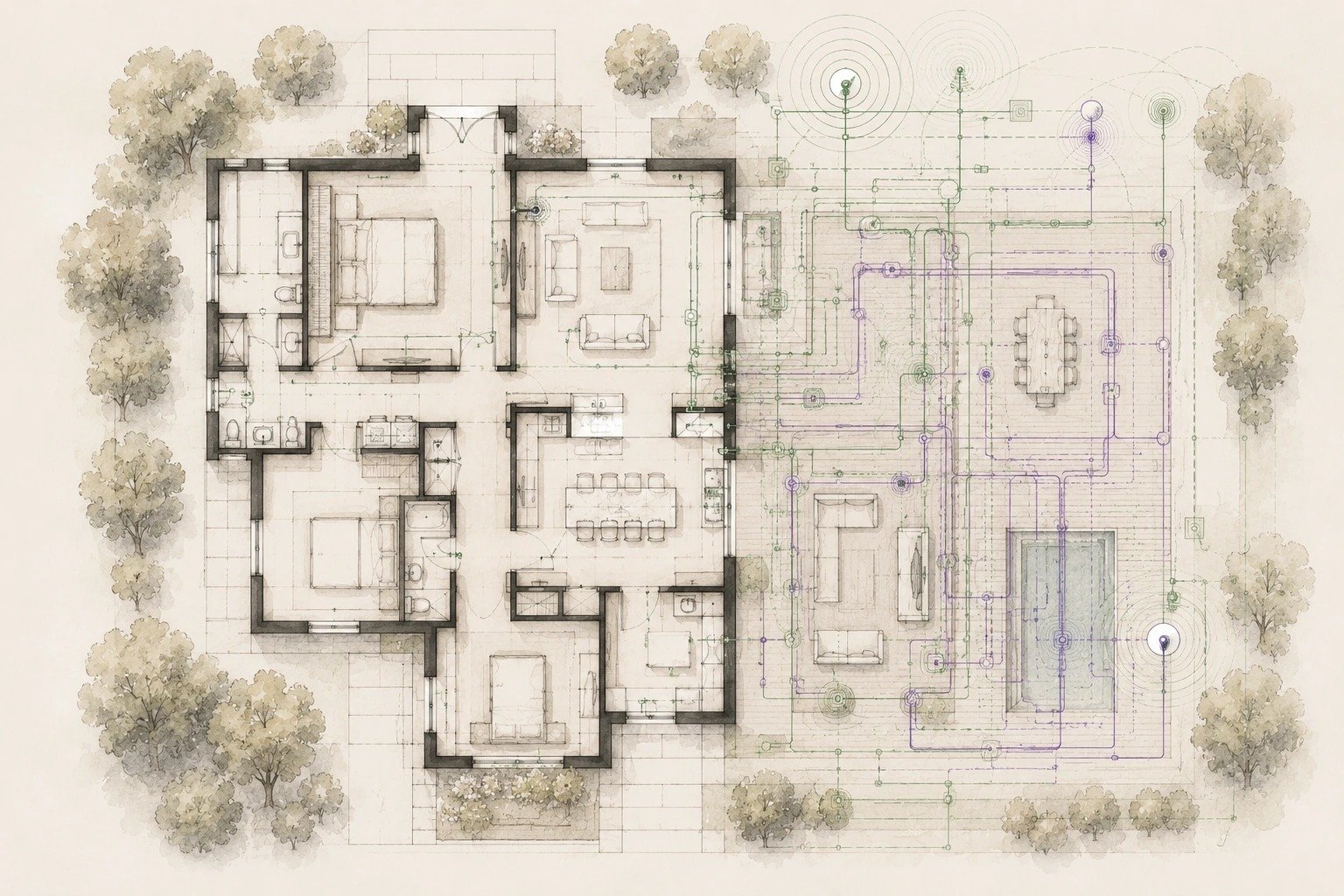 Luxury residential floor plan transitioning from conventional architecture into the hidden electrical, technology and building-systems layer.