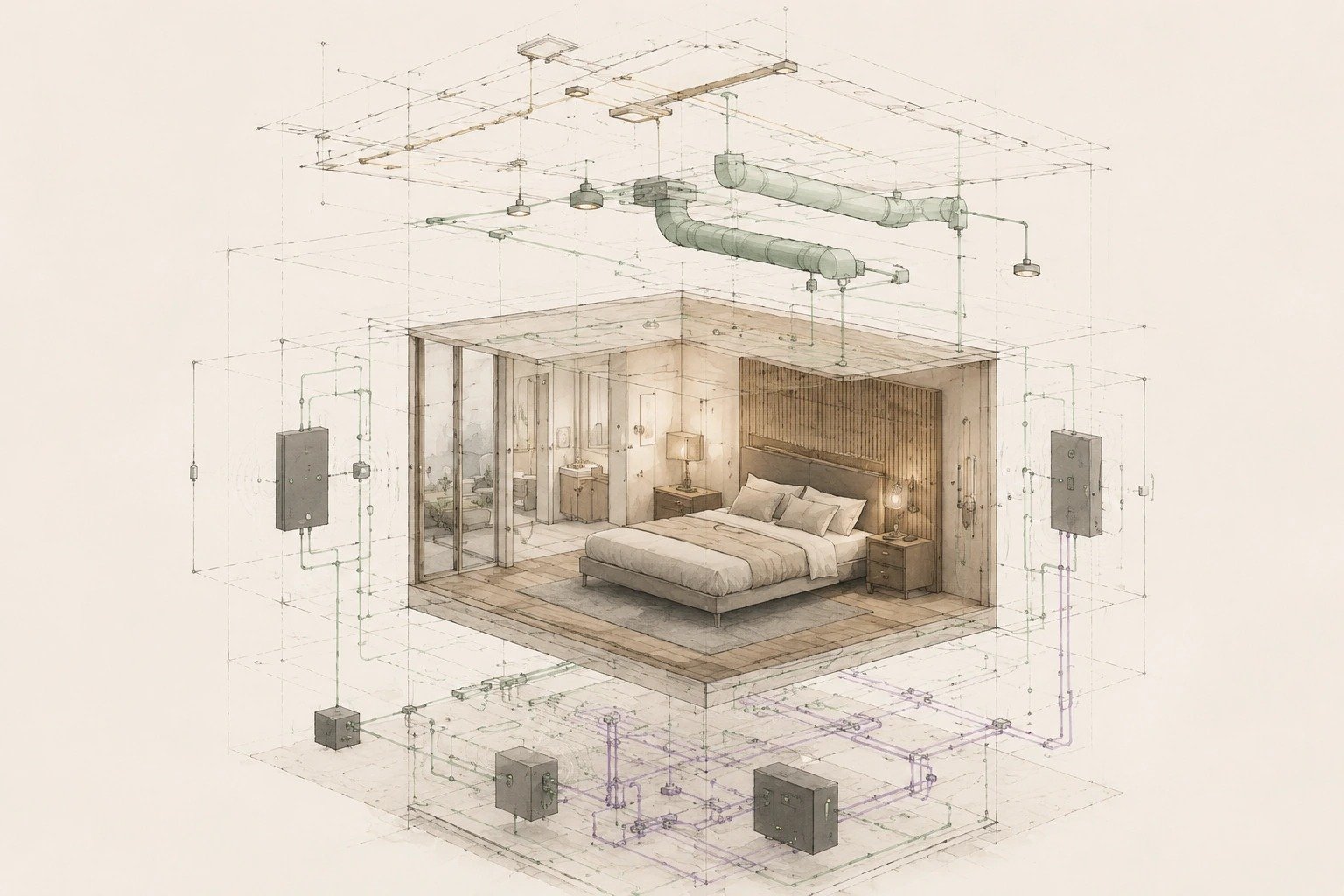 Exploded architectural bedroom showing electrical, lighting, HVAC and technology layers converging around one occupied space.