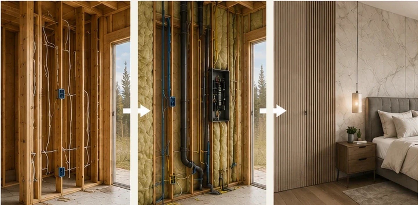 Three-stage architectural sequence showing open framing, rough-in and the finished luxury wall after infrastructure is concealed.