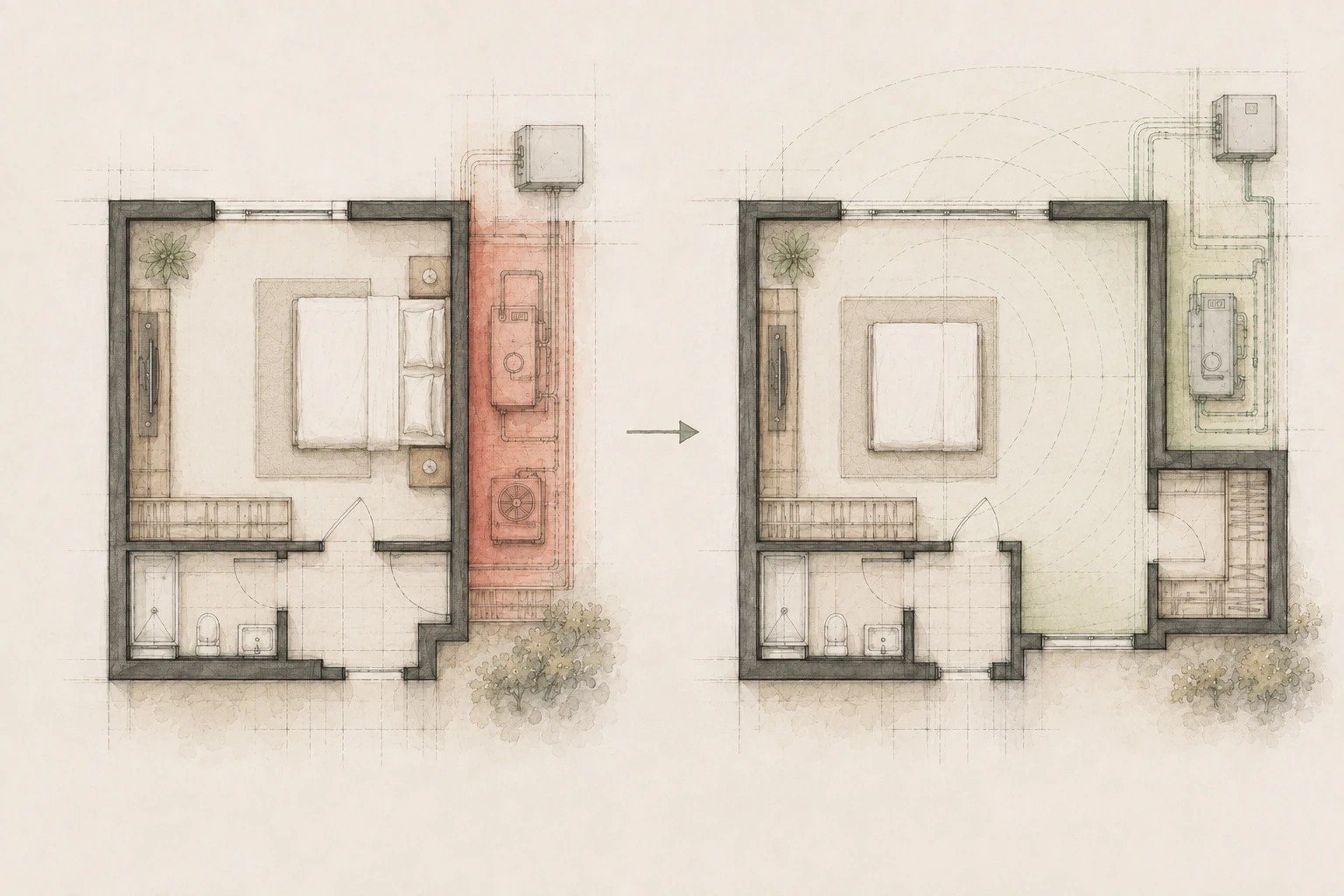 Before-and-after bedroom floor plans showing equipment close to the headboard in the initial layout and relocated farther away in the optimized layout.