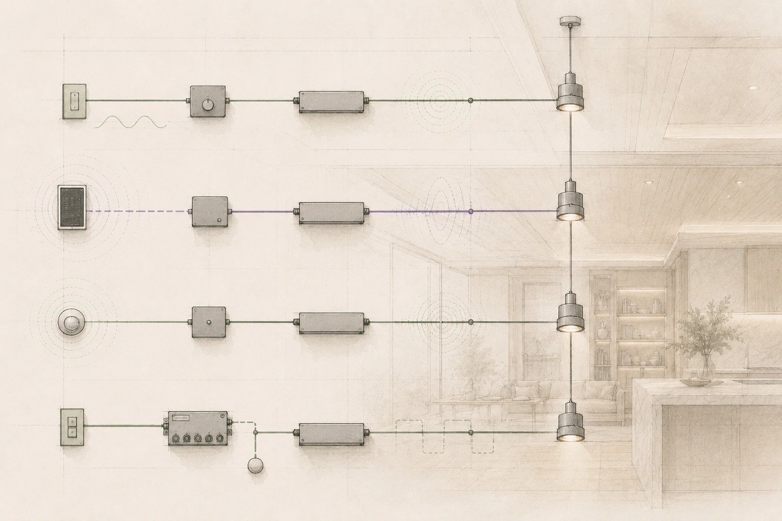 Architectural lighting study comparing several control, dimmer and driver combinations feeding similar fixtures.