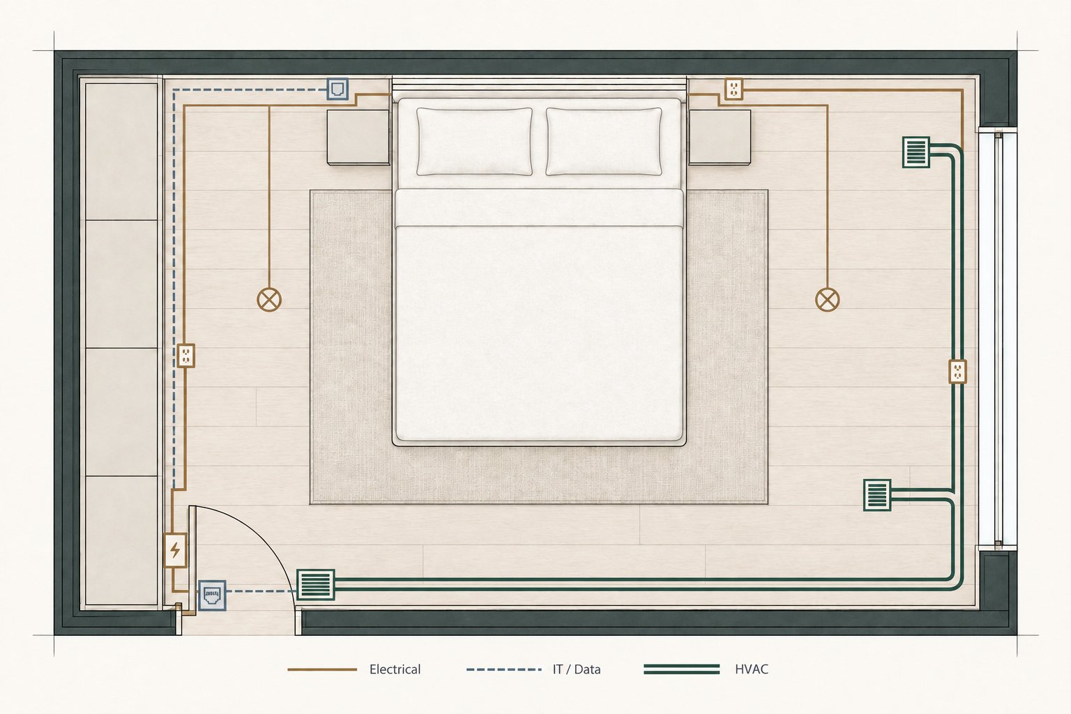Primary bedroom floor plan with electrical, IT and data, and HVAC runs drawn as separate colour-keyed layers converging on the bed position.