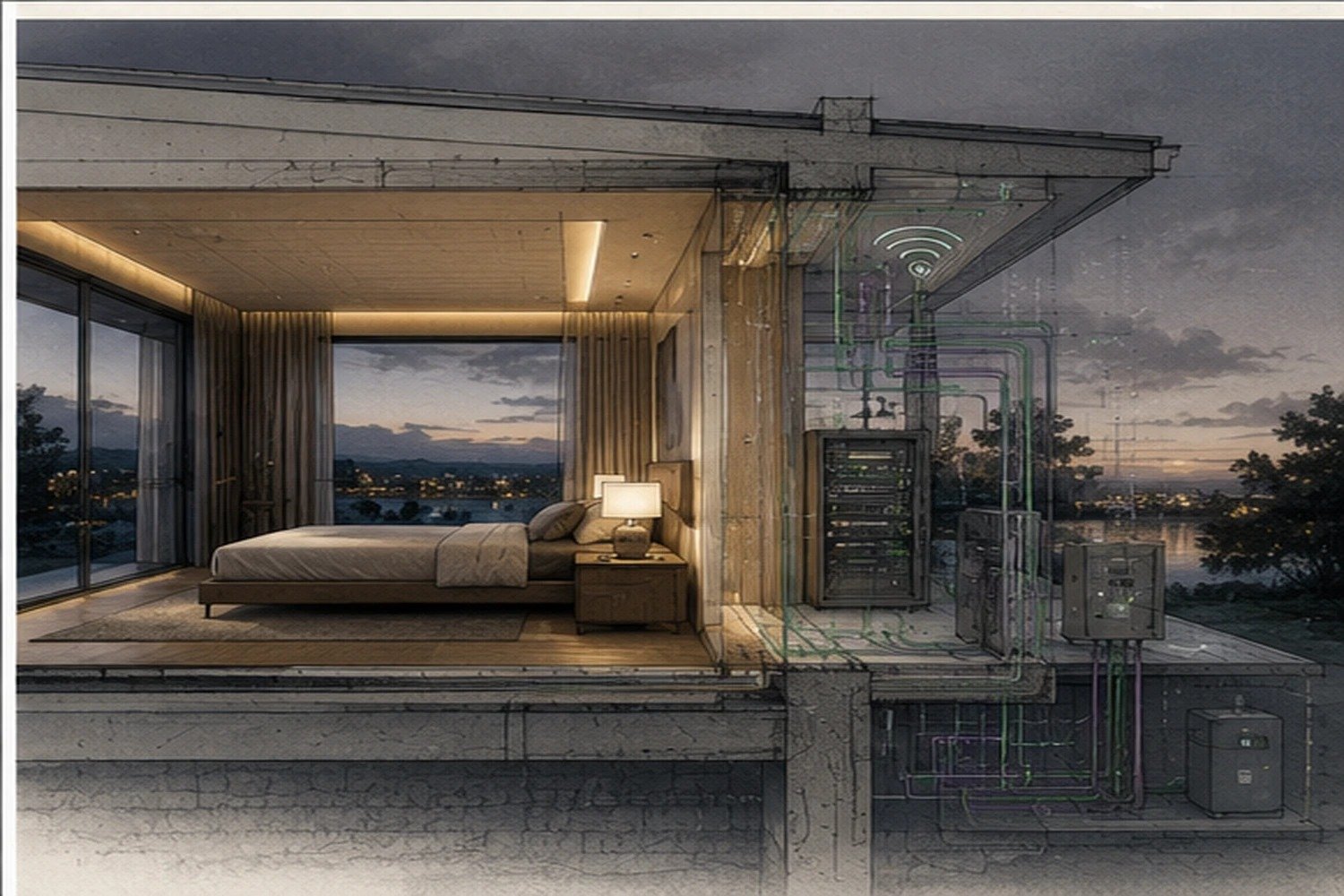 Serene finished luxury bedroom at dusk with sophisticated technology largely hidden inside the architecture and technical systems receding from view.